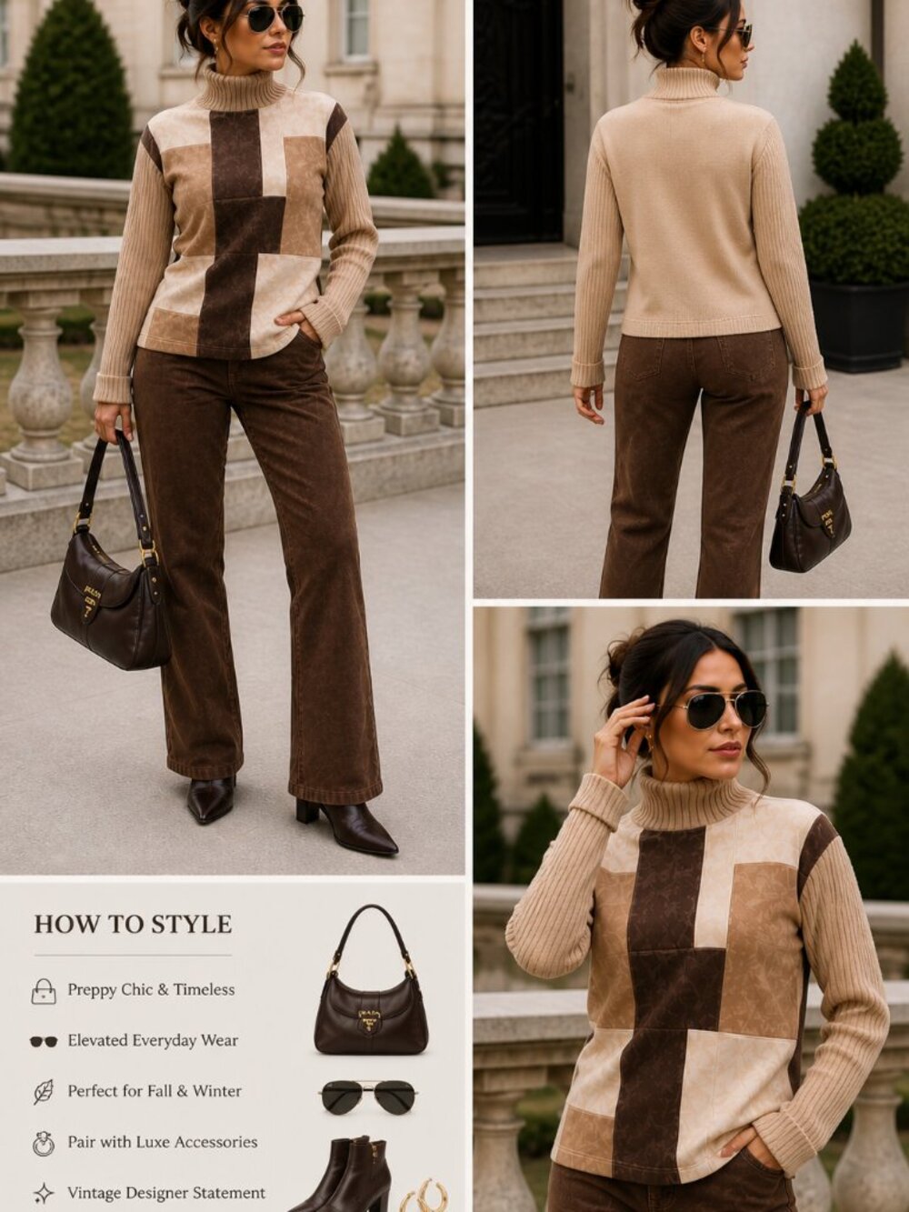 🔥 Vintage PRADA 2-Piece Set – Patchwork Turtleneck Sweater & Suede Pants 🔥 ✨ R